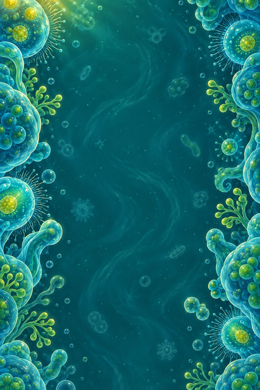 Cellules et bactéries dans un microcosme turquoise · Illustration du jeu