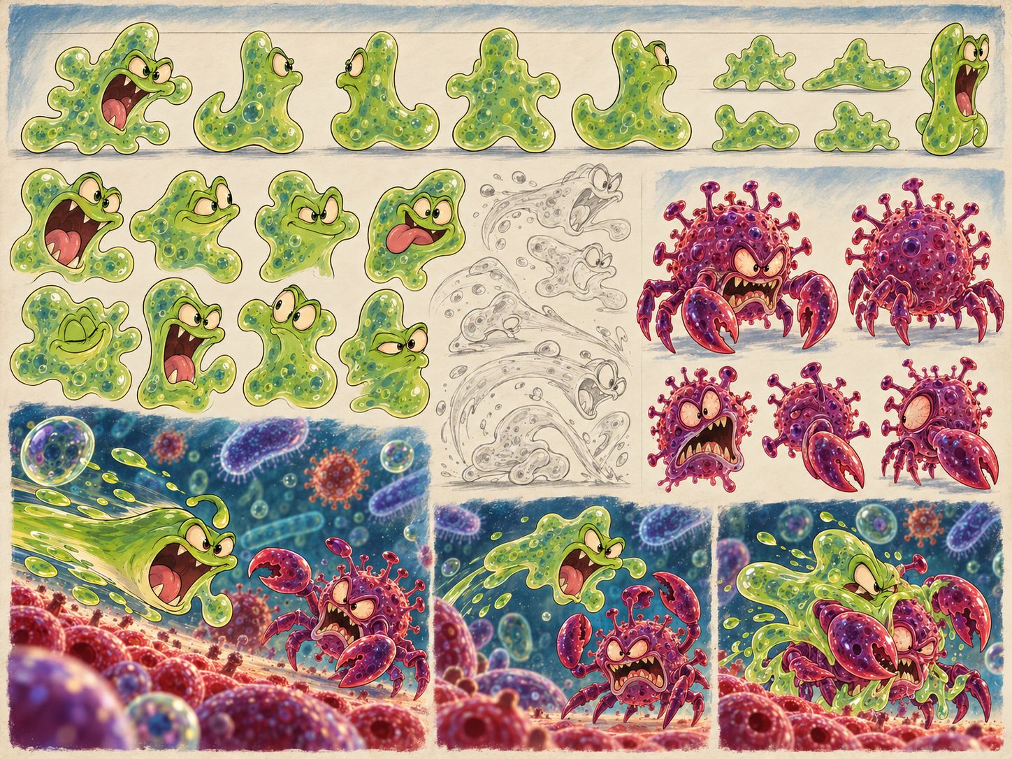 Character sheet: Guzzle forms and a clawed opponent · Illustration from the approved website art collection; not gameplay.