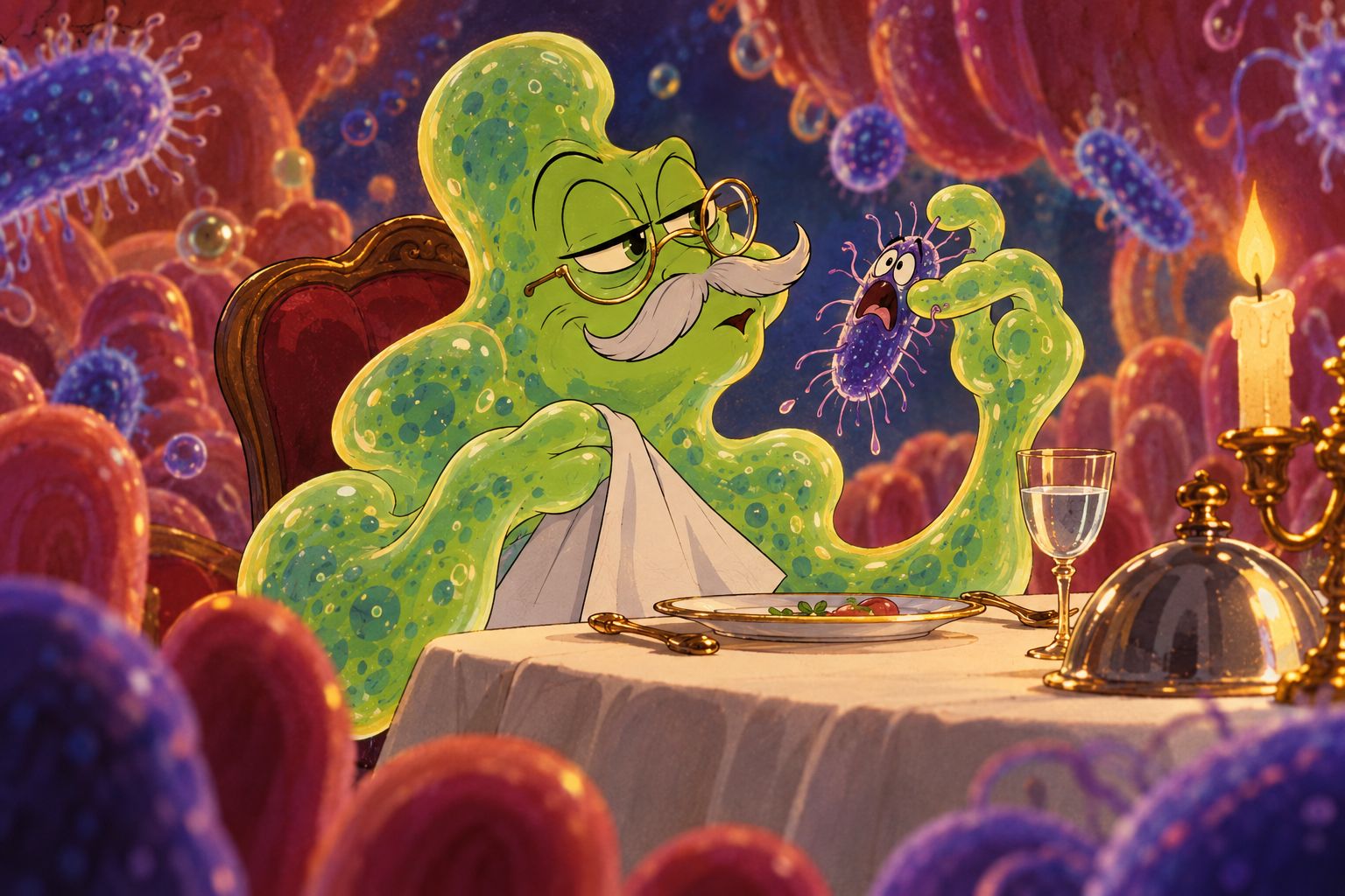 Illustration: Guzzle the gourmet examines a microbe at the table