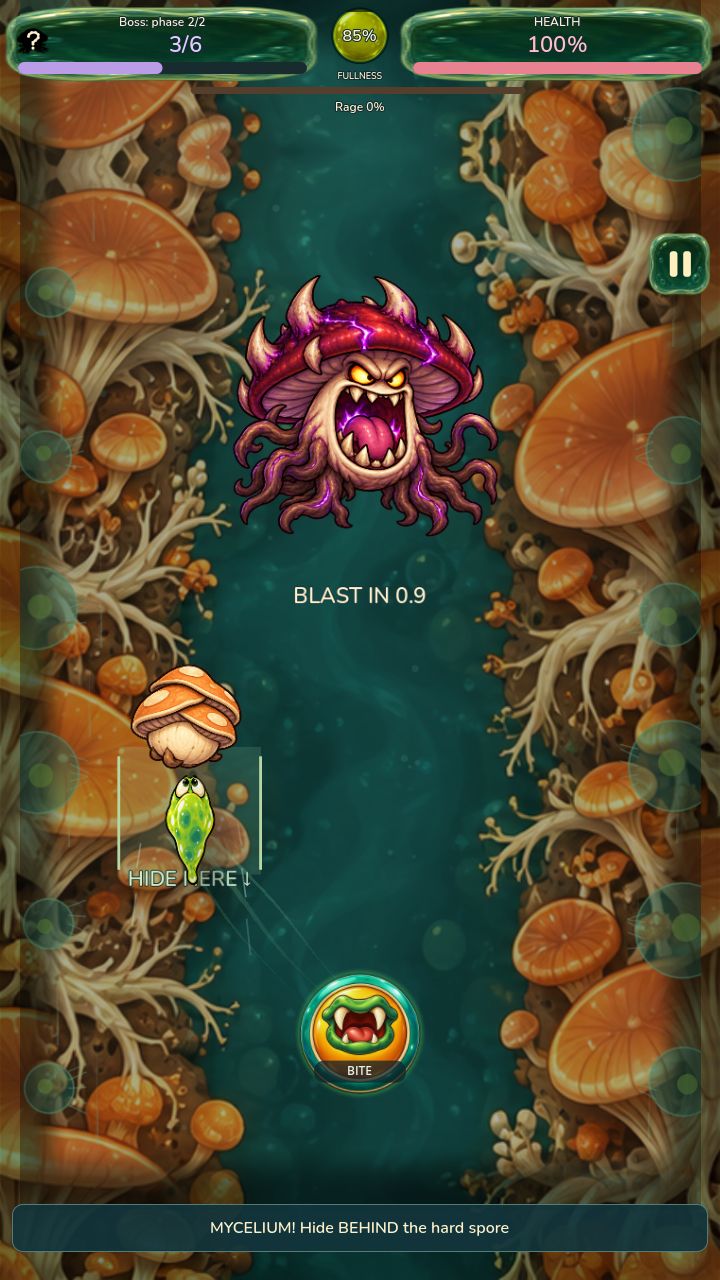 Shelter before the blast. The hero stands in the marked corridor beneath the hard spore; the countdown shows how long remains before the hit. Captured from the version in development. · Development screenshot
