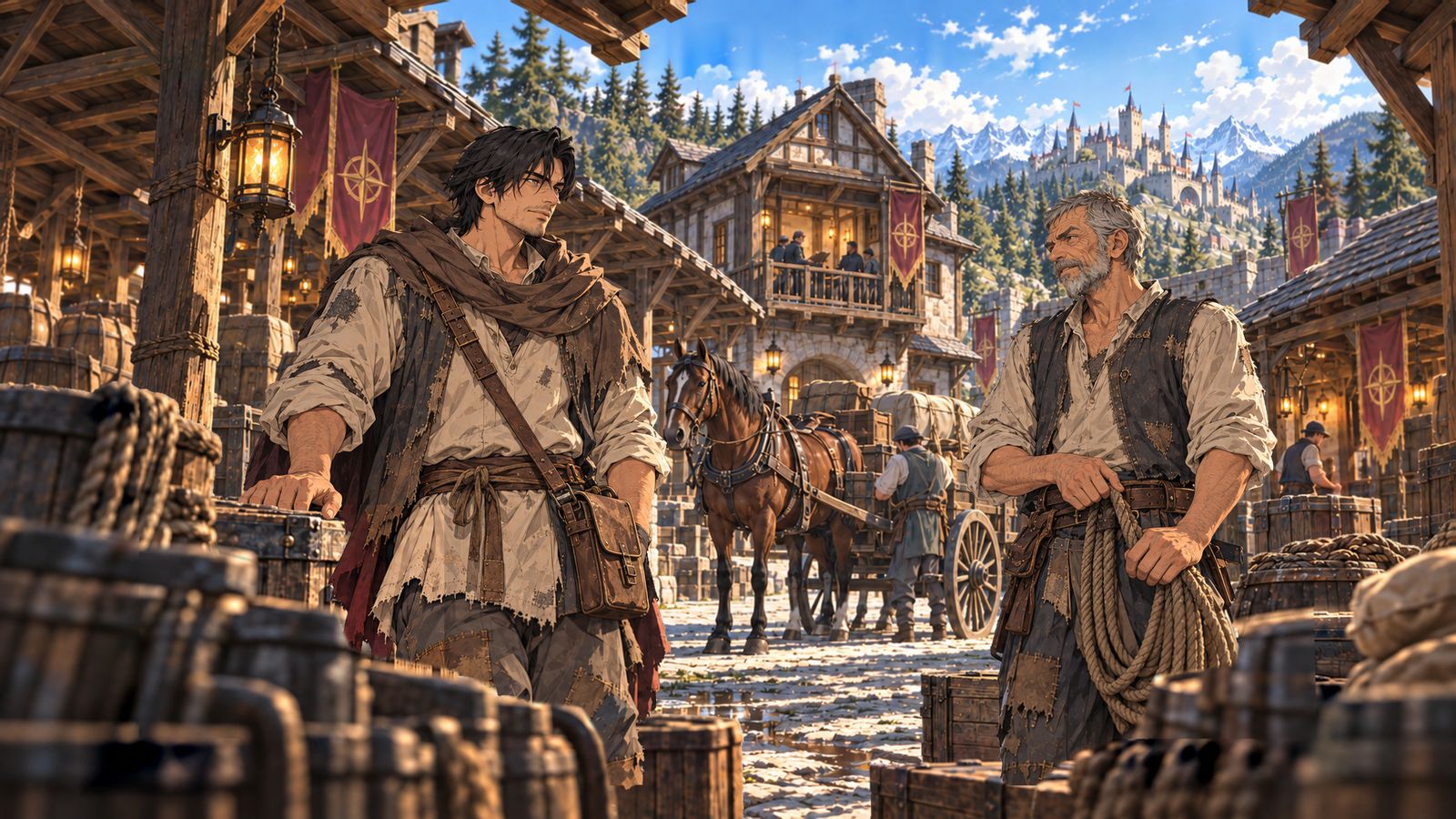 Händler und ein Karren im Hof des Handelspostens · Spielillustration