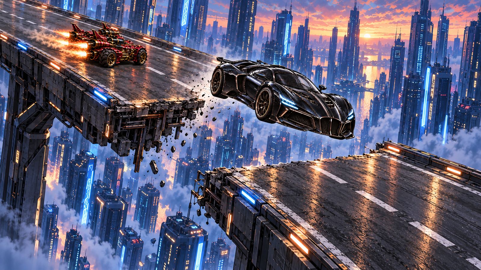 Concept art: a black supercar jumps a gap in the road as a red car pursues · Illustration from the approved website art collection; not gameplay.