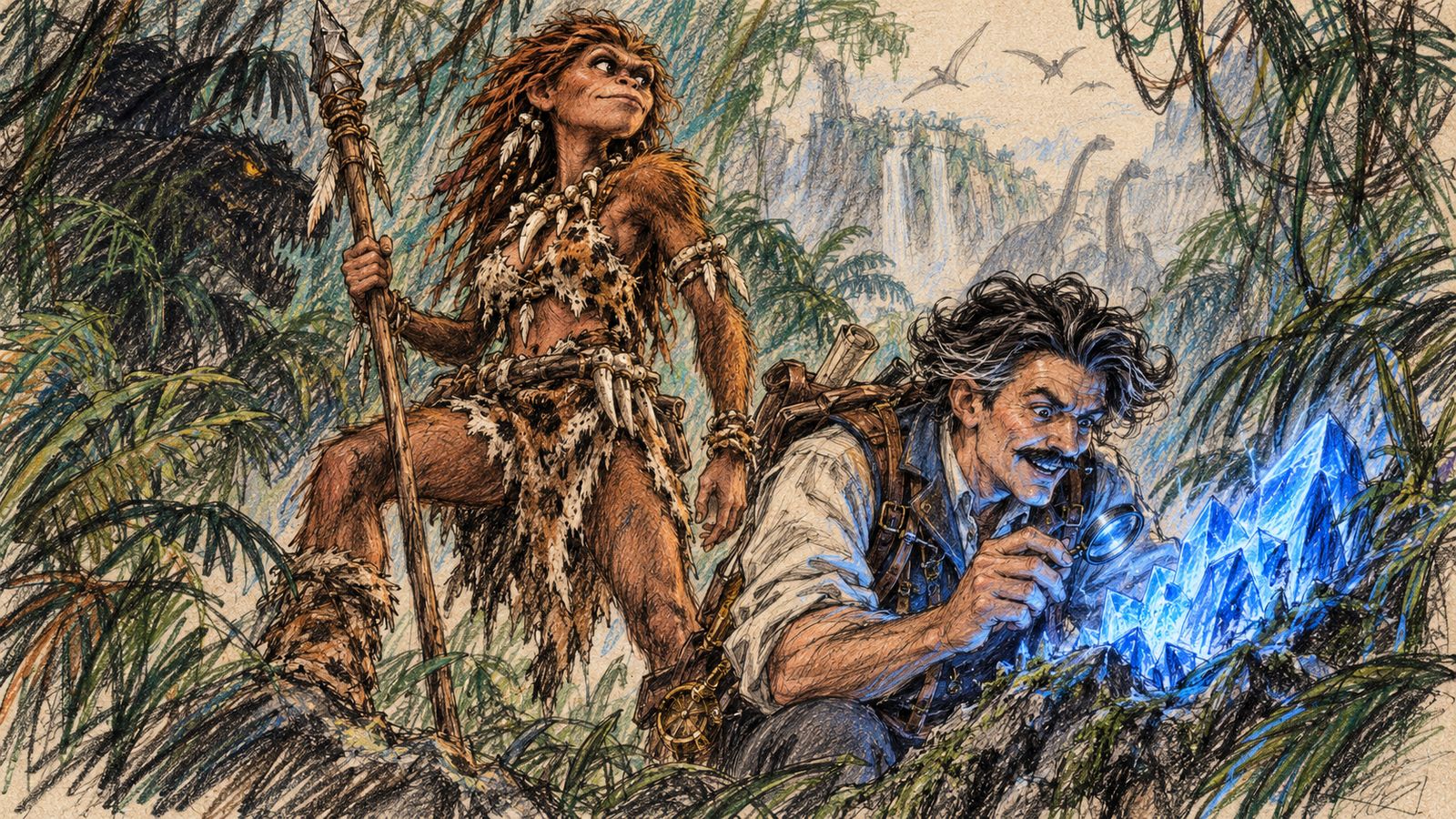Concept art: an explorer and his companion beside blue crystals